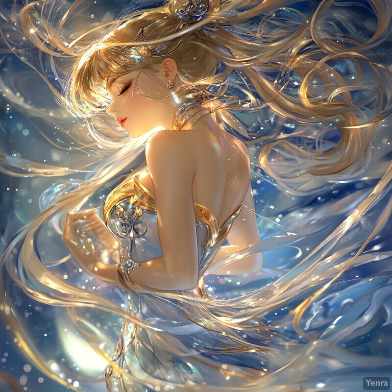 A serene woman with long blonde hair and a flowing white dress, surrounded by a soft glow.