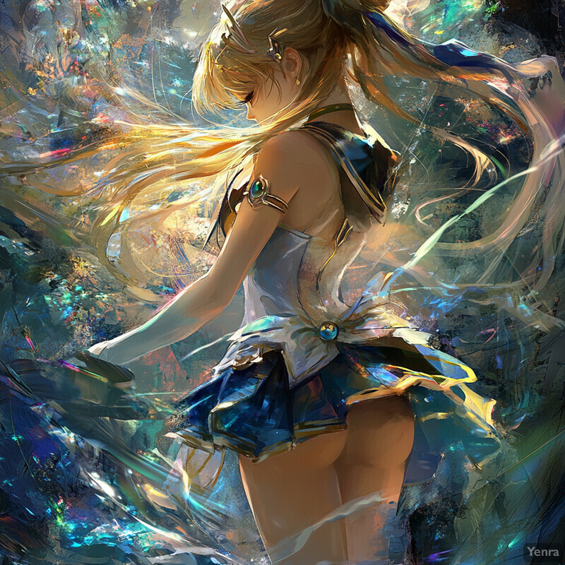 Anime-style illustration of a woman with long blonde hair and a blue skirt, standing in front of a vibrant background.