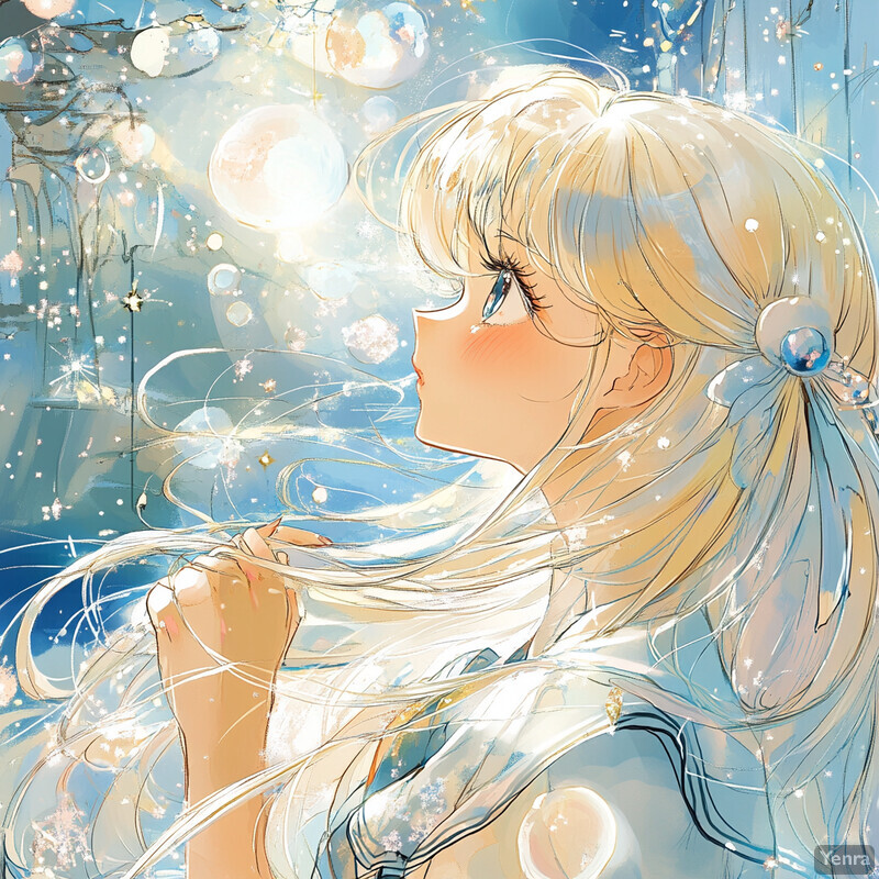 A young girl gazes up at a starry sky, surrounded by soft blues and whites.