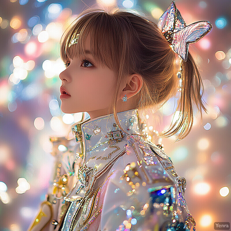 A young girl with long blonde hair and bangs wears a white jacket with gold accents and embellishments, accompanied by dangling earrings and a butterfly-shaped hair clip.