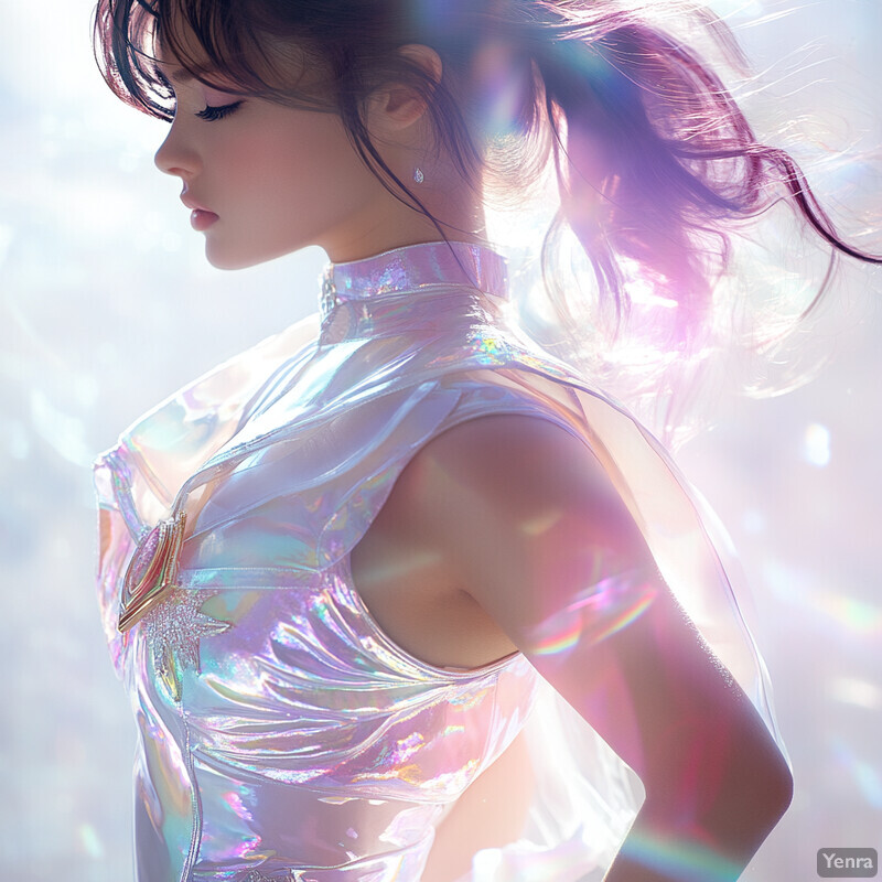 A woman in a holographic top with a star-shaped ornament, set against a soft, ethereal light background.