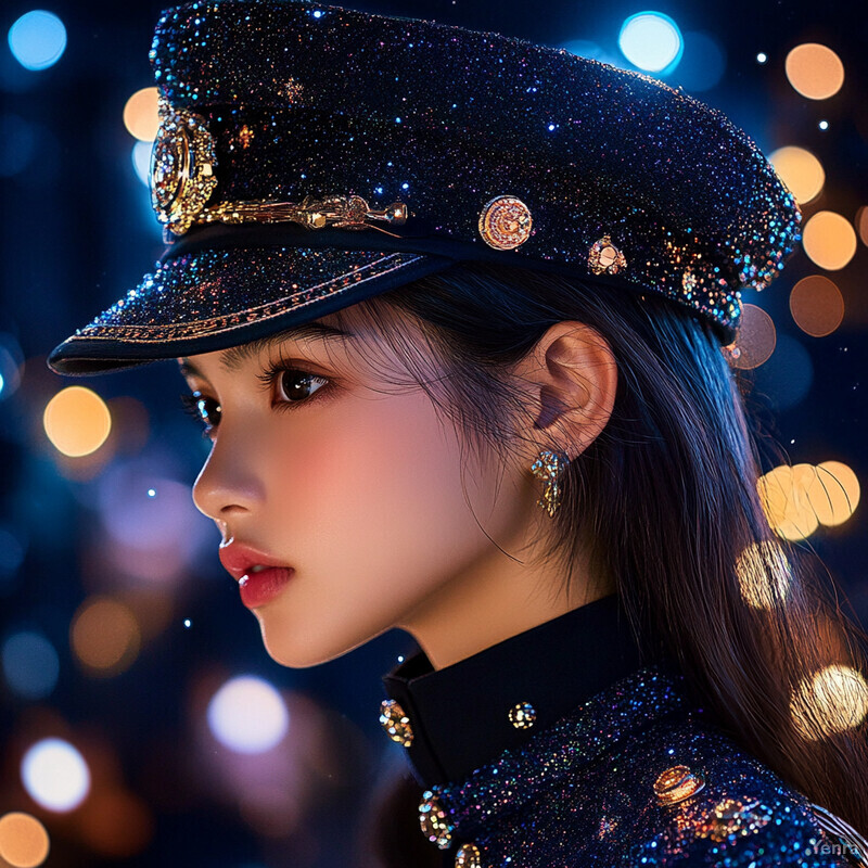 A young woman wearing a sparkly hat and jacket in a nighttime setting