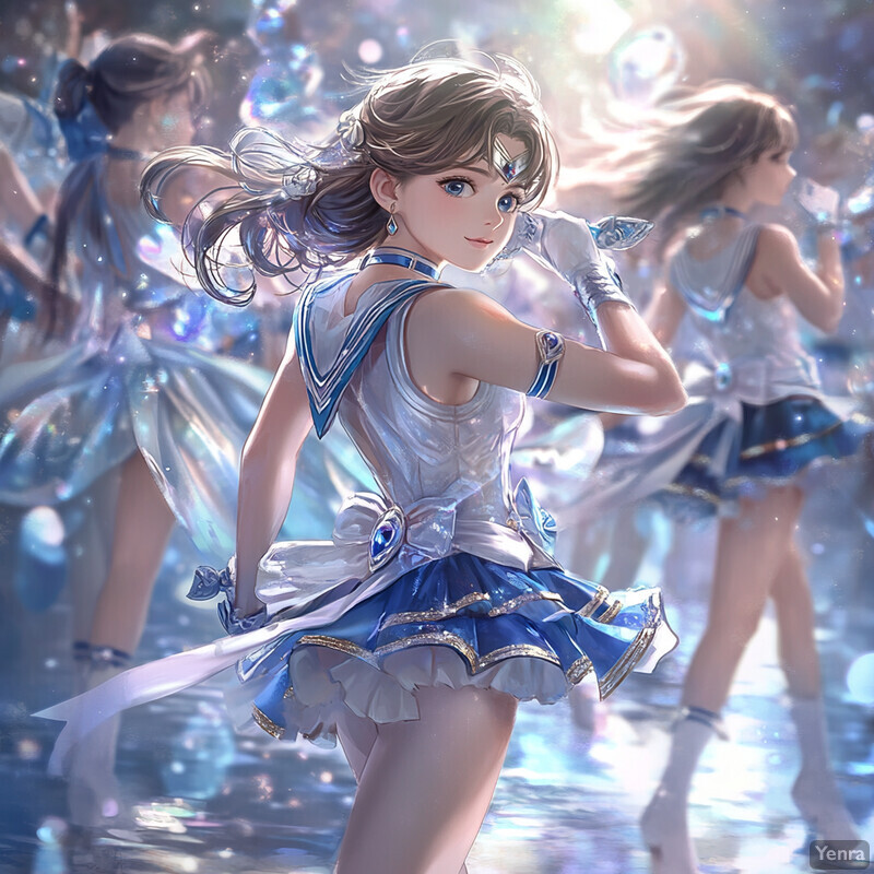 A digital illustration of a woman in a blue and white sailor fuku outfit standing on stage with an audience