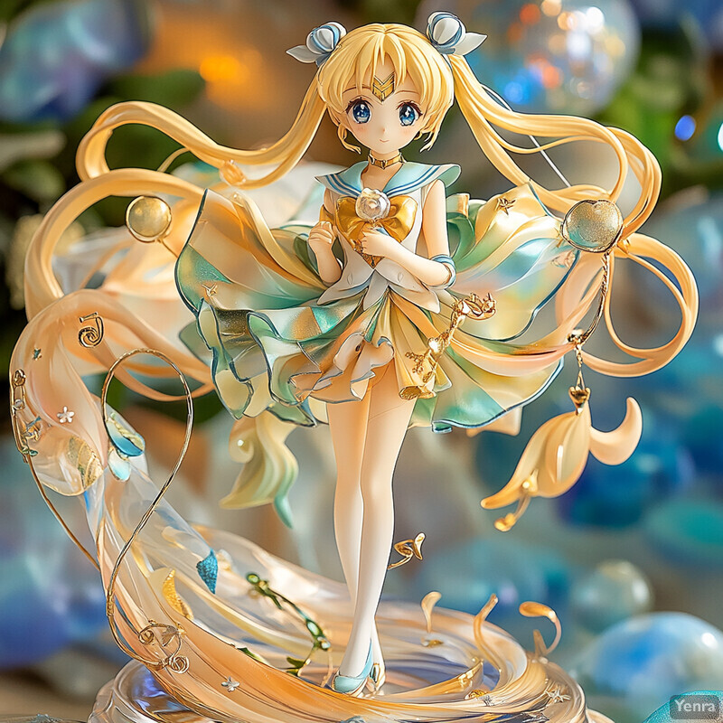 A figurine of a young girl with long blonde hair and blue eyes, dressed in a white sailor-style dress and light blue shoes, standing on a base shaped like swirling water and holding a small crystal ball or orb.