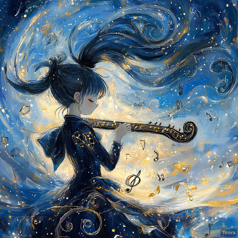 A young woman plays a stringed instrument in a serene atmosphere