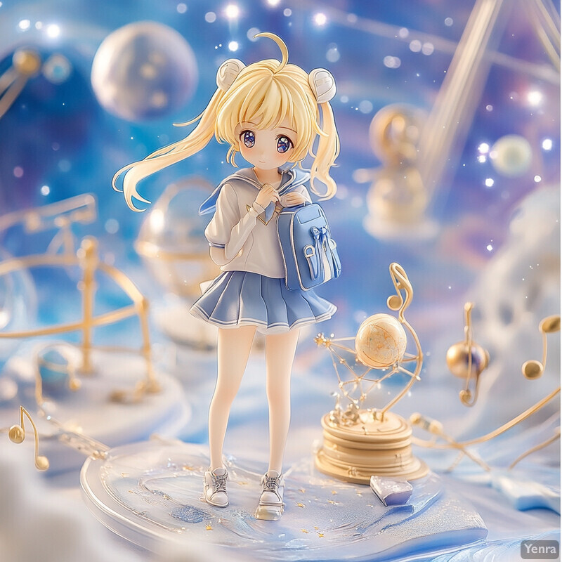 A young anime-style girl stands on a cloudy surface surrounded by celestial bodies or musical instruments, exuding a dreamy or ethereal atmosphere.