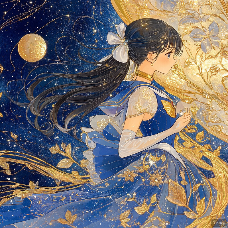 Anime-style illustration of a woman in a blue dress with gold accents, holding a small object against a celestial background.