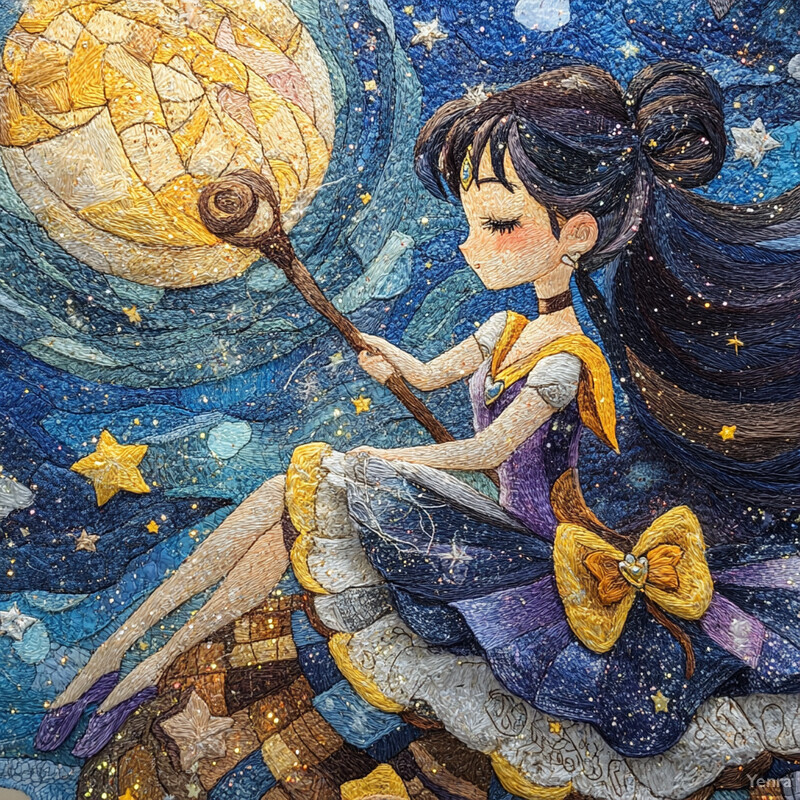 A young girl sitting on a crescent moon-shaped rock, holding a staff and surrounded by natural elements.