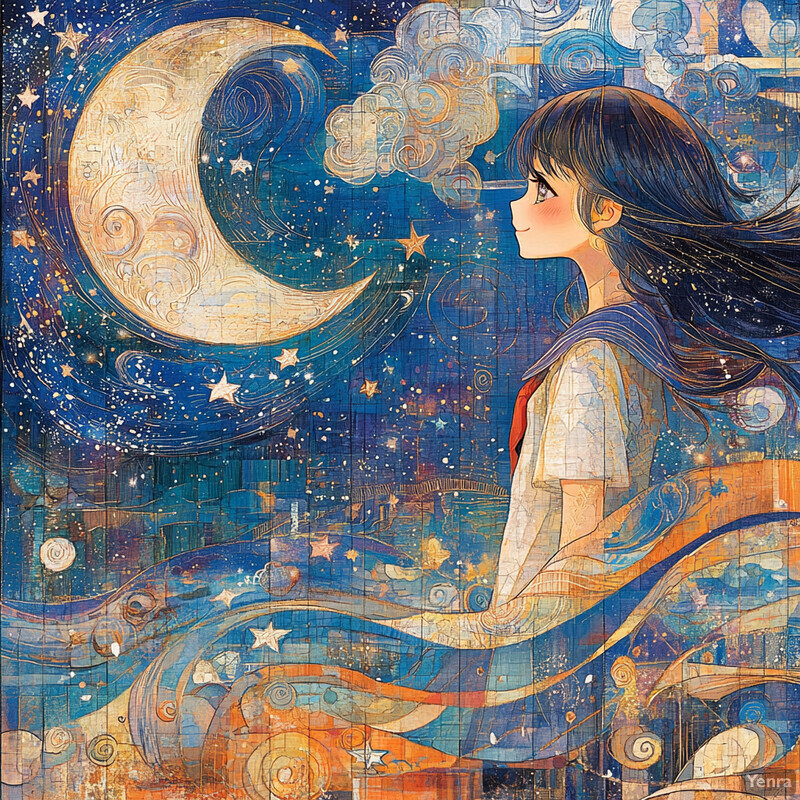 A young girl gazes up at a large crescent moon in the night sky, surrounded by stars and a serene atmosphere.