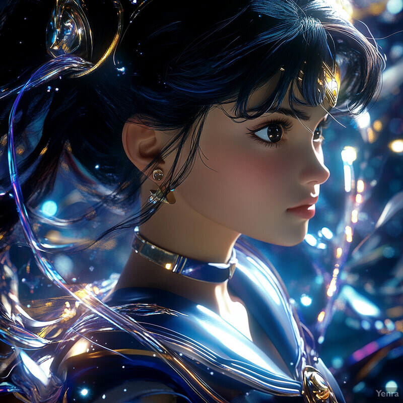 A digital artwork featuring a woman with dark hair and blue outfit, gazing directly into the viewer's eyes.