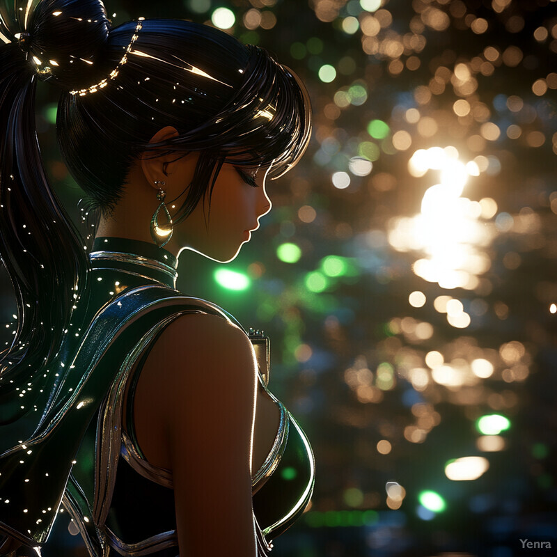 A 3D rendering of a woman with long black hair and crescent moon earrings gazing to her right in an outdoor setting at night.