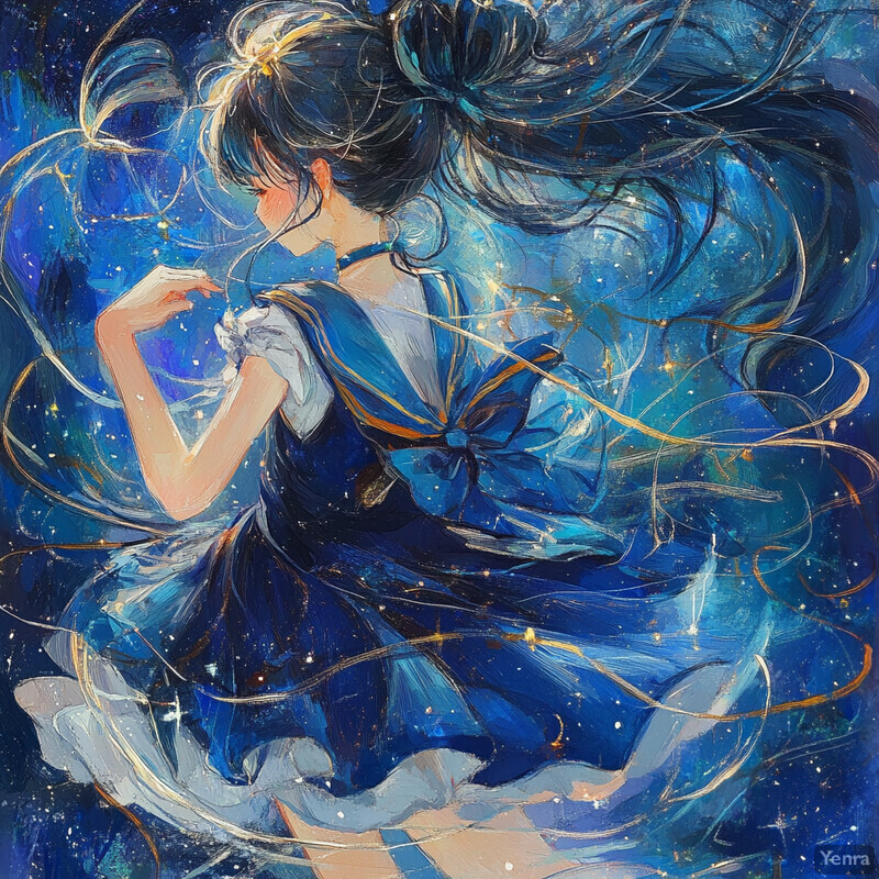 A woman in a blue dress dances against a starry night sky background