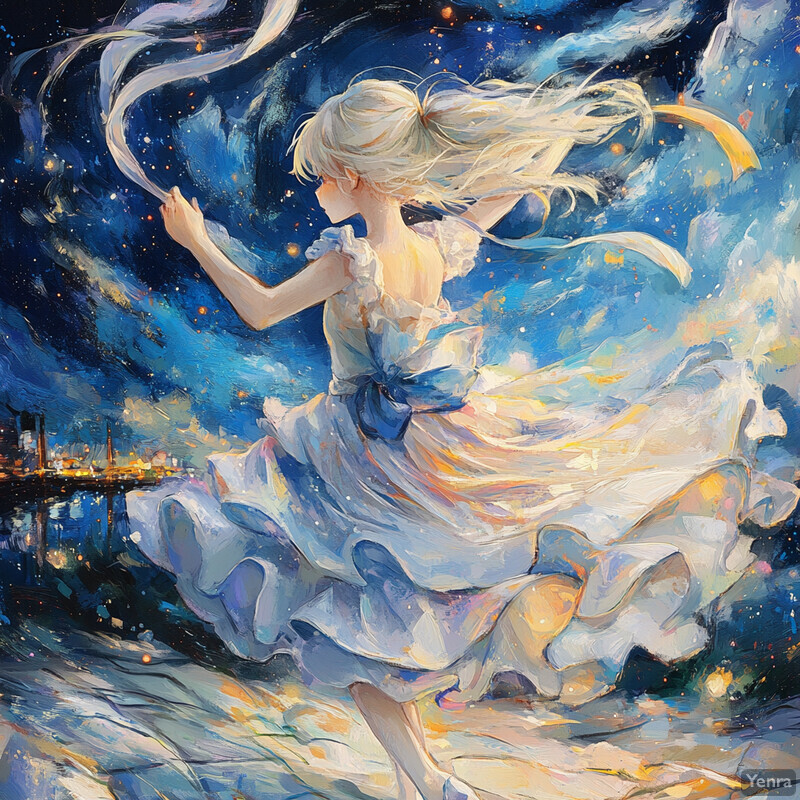 A girl dancing in the sky, surrounded by swirling clouds and stars.