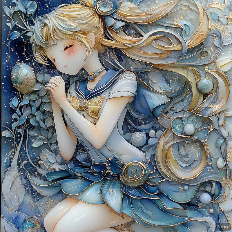 A young girl with long blonde hair and bangs is kneeling down, looking up at something outside the frame of the painting.