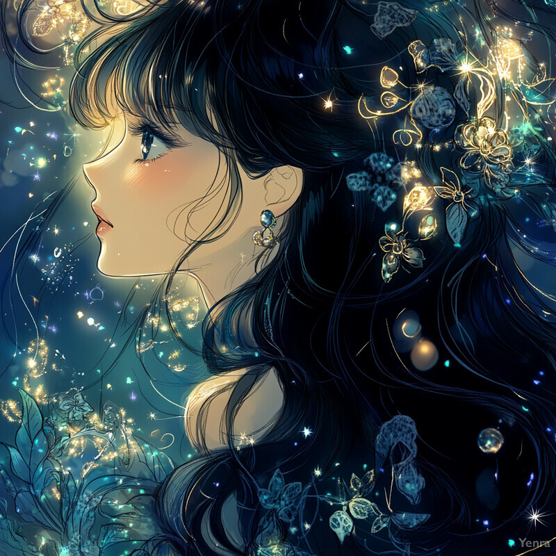 A young woman with dark hair adorned with flowers and butterflies looks towards her left in a vibrant and whimsical illustration.