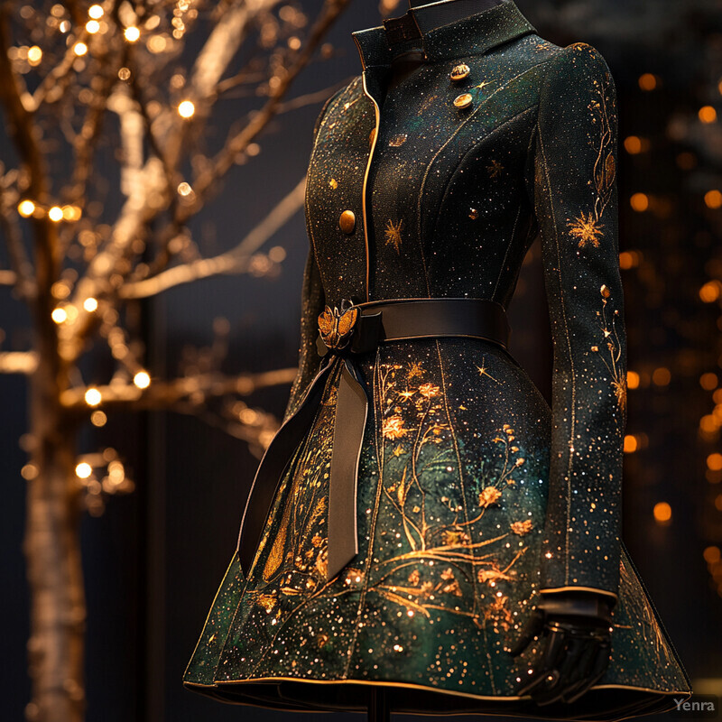 A stunning black and gold dress on a mannequin, set against a dark background with twinkling lights in the distance.