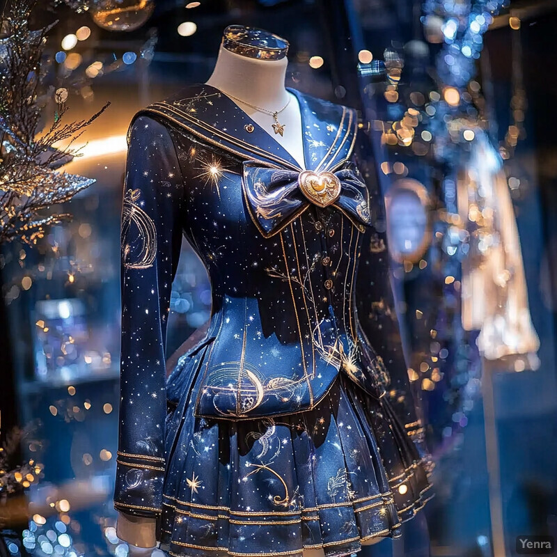 A navy blue sailor-style dress with celestial patterns and gold trim displayed in a store window or display case.