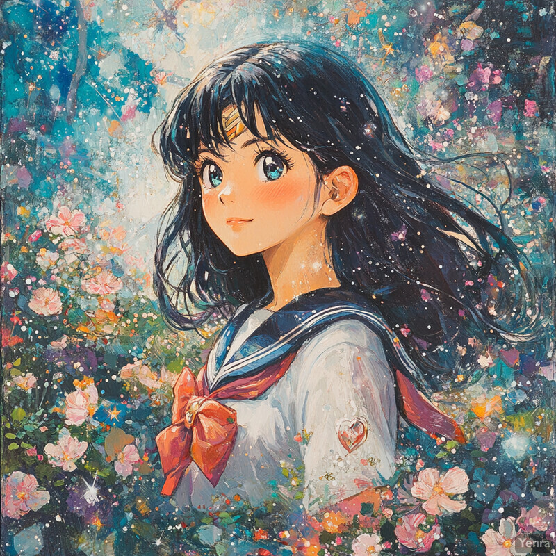 Anime-style illustration of a young girl in a sailor fuku with a floral background