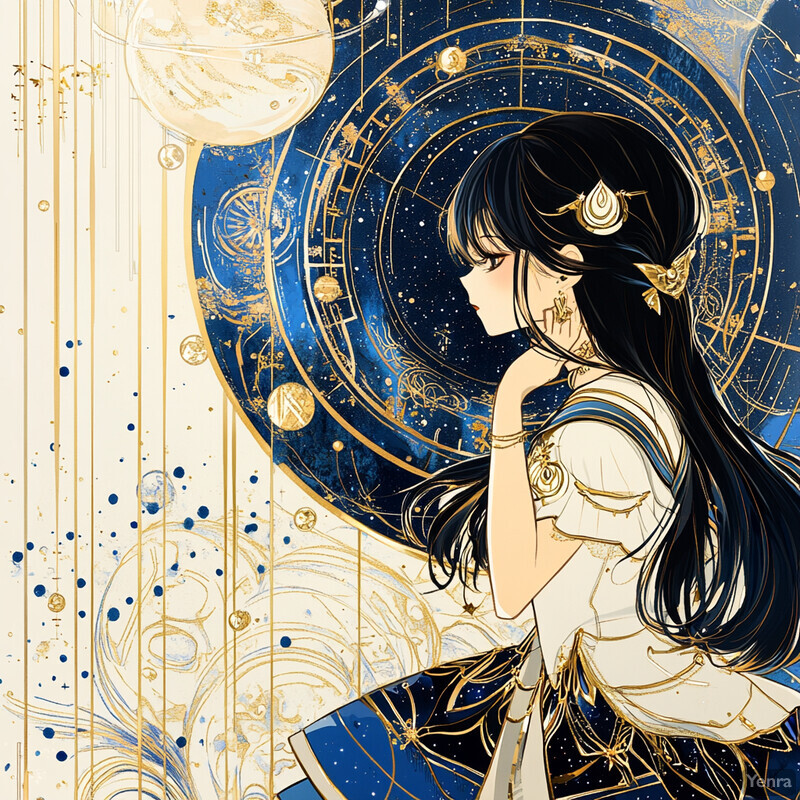 A young woman with long black hair stands against a backdrop of swirling clouds and stars, creating an ethereal and mysterious atmosphere.