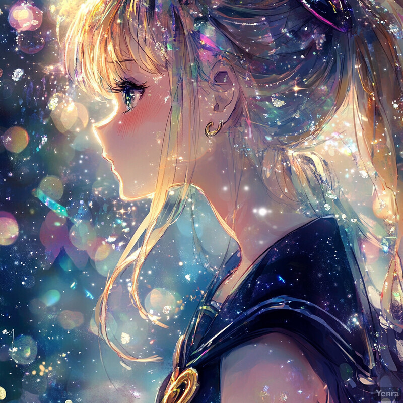 A young girl with long blonde hair and bangs, wearing a black sleeveless top, gazes to her left against a dark blue sky with white stars.