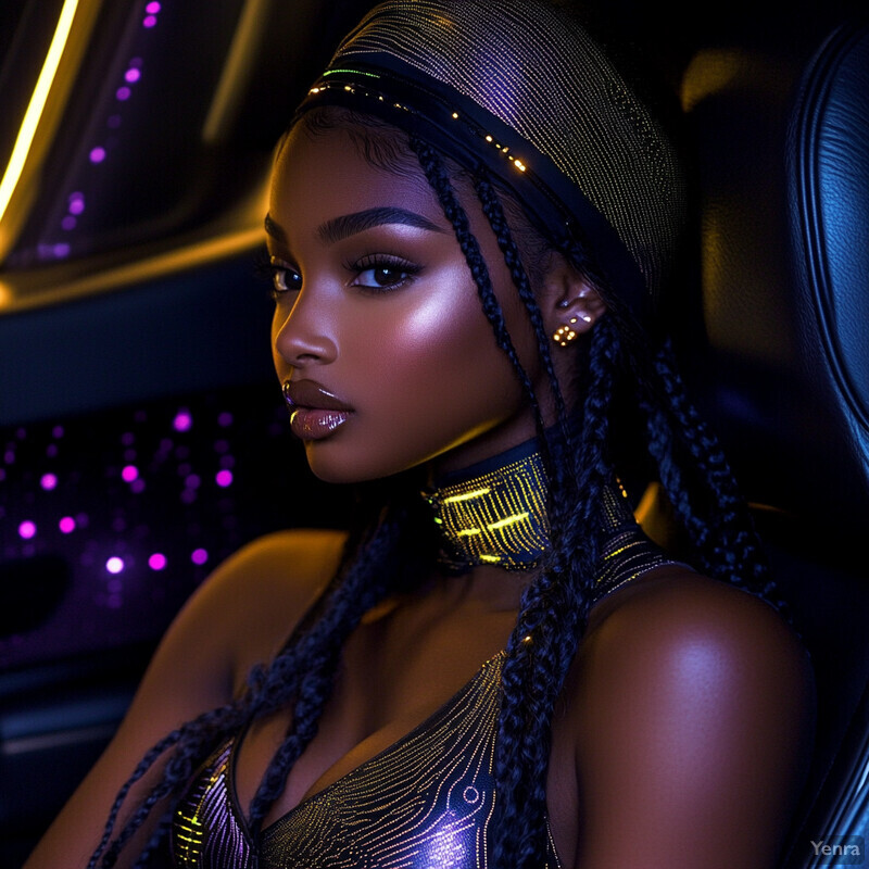 A woman with dark skin and long black braids sits in a futuristic setting, wearing a metallic top with a V-neckline.