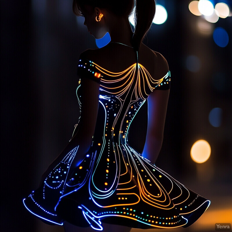 A woman in a glowing dress poses against a dark background