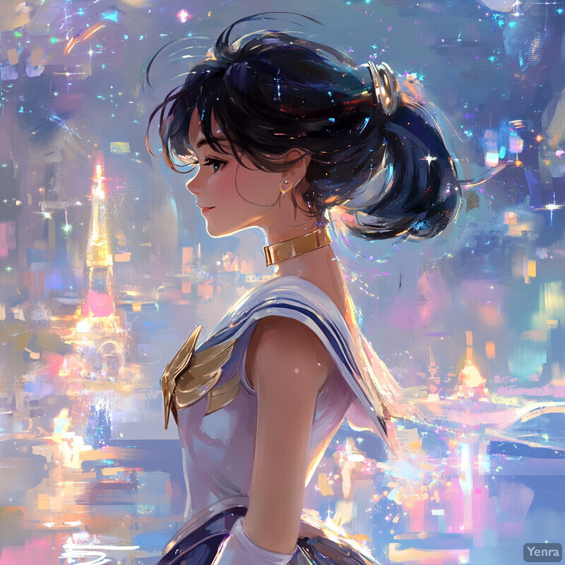 Anime-style illustration of a woman in a white dress with gold accents, set against a cityscape at night with an unseen companion.