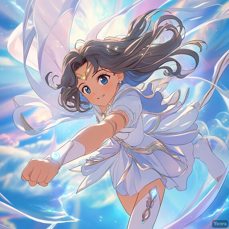 Anime-style illustration of a young woman in white attire with gold accents, set against a dreamy sky background