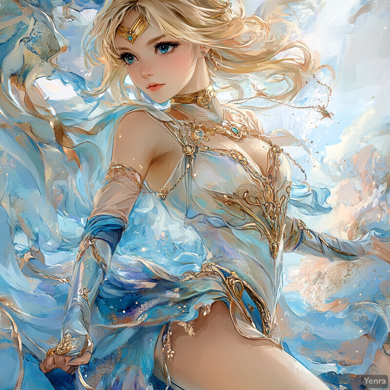 A fantasy character with blonde hair and blue eyes wears a flowing white dress with gold accents, set against an ethereal backdrop.