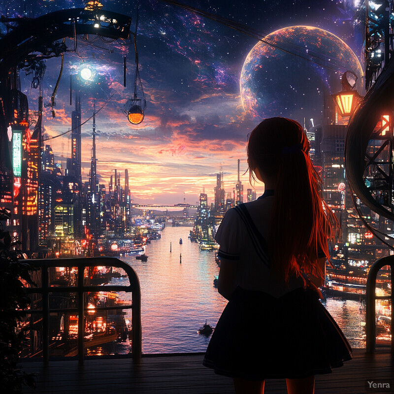 A young girl gazes out at a fantastical cityscape from her balcony.