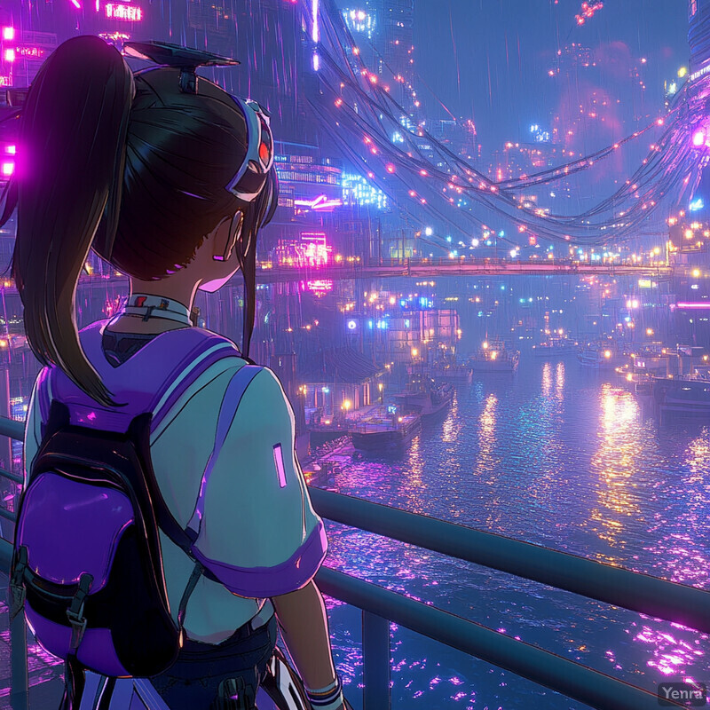 Anime-style girl gazes out at a futuristic cityscape