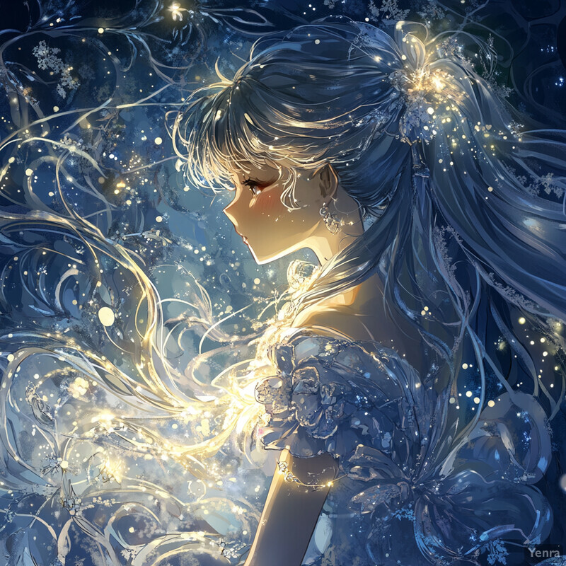 Anime-style illustration of a woman with long hair and a flowing dress, surrounded by a subtle glow.