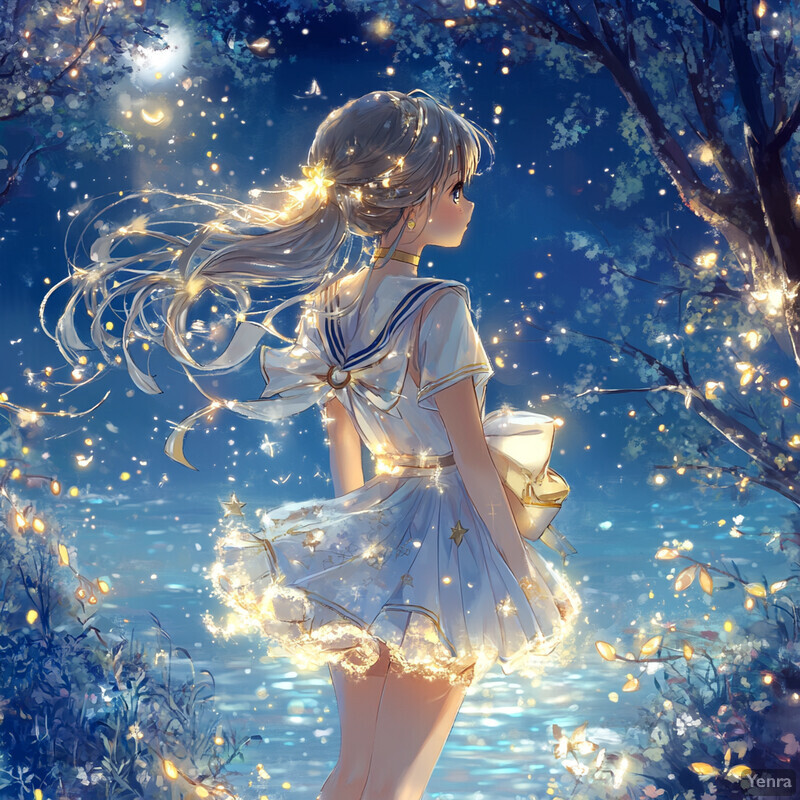 Anime-style girl standing by water surrounded by greenery