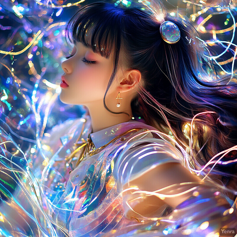 A young girl with long hair and bangs, surrounded by an ethereal aura of light, set against a dark blue background.