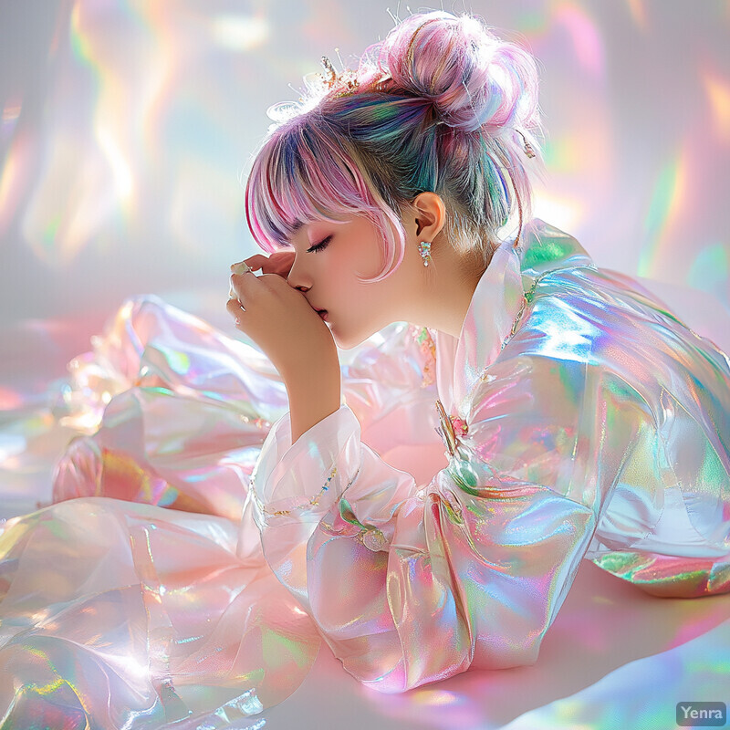 A young woman with pastel-colored hair and an iridescent dress lies on a soft, white surface, creating a dreamy and surreal atmosphere.