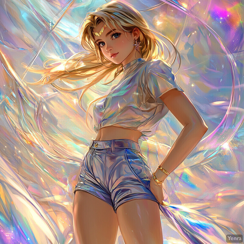 A young woman with long blonde hair and blue eyes stands confidently in front of an abstract background reminiscent of clouds or galaxies.