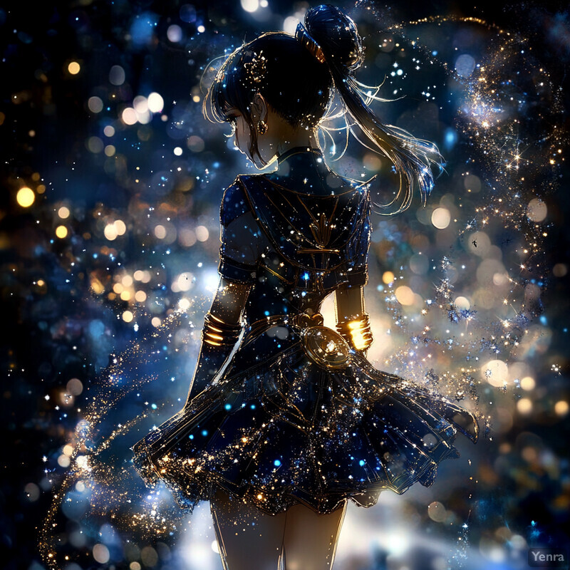 A young woman in a blue and gold Sailor Moon-inspired costume stands against a blurred nighttime city backdrop.