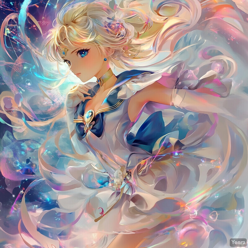 A young woman with long blonde hair and blue eyes, dressed in a white sailor fuku-style outfit, surrounded by swirling colors.