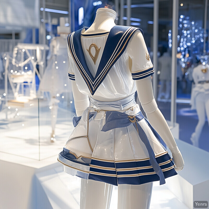 A white and blue sailor-style outfit on a mannequin, likely designed for an anime or manga character.