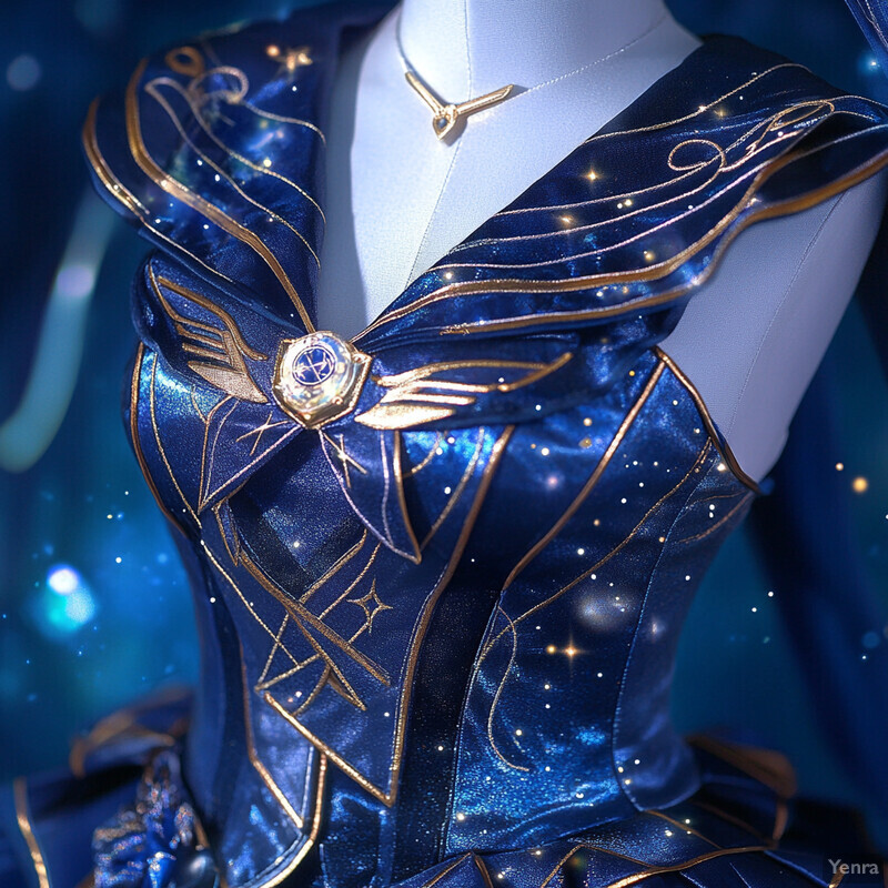 Blue and gold bodice with celestial design on a mannequin