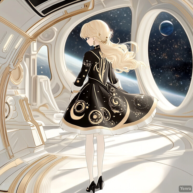 Anime-style illustration of a young woman with long blonde hair in front of a window looking out into space