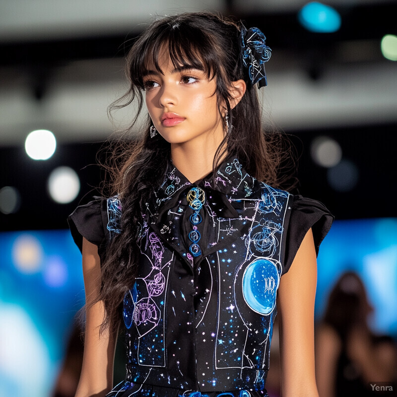 A woman walks down a runway in a black dress with blue and pink designs