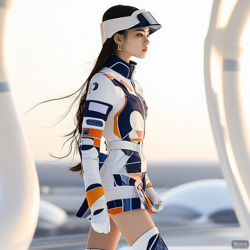 A young woman dressed in a futuristic outfit stands confidently in front of a modern background, evoking a sense of cutting-edge technology and innovation.