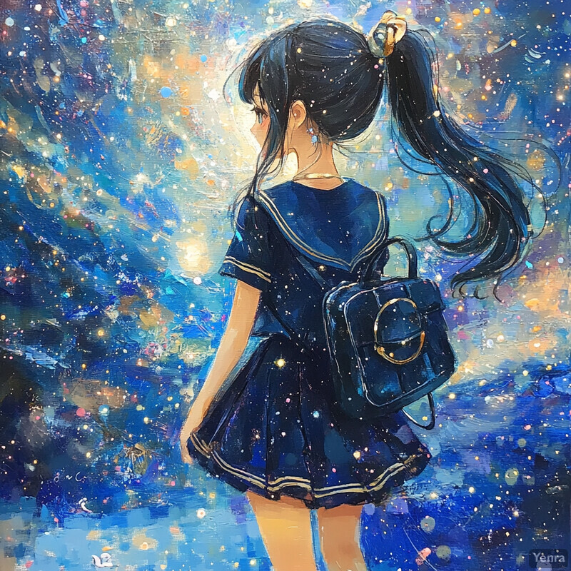 A young girl gazes out at a breathtaking galaxy, her long black hair tied back in a ponytail and dressed in a blue sailor-style dress with a matching backpack.