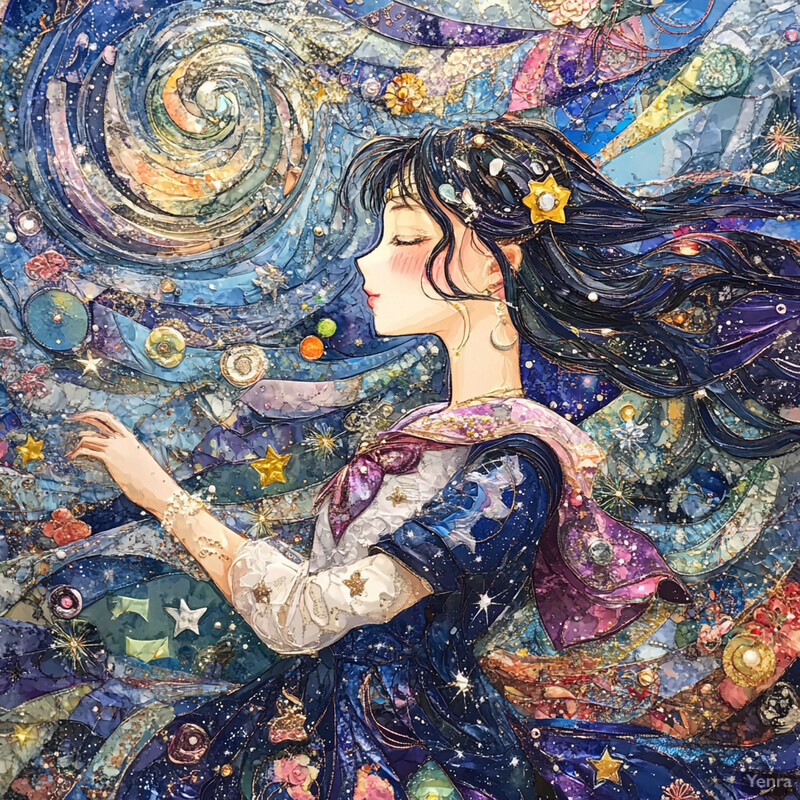 A woman with long dark hair and a constellation-patterned dress reaches towards the stars in a swirling blue background.