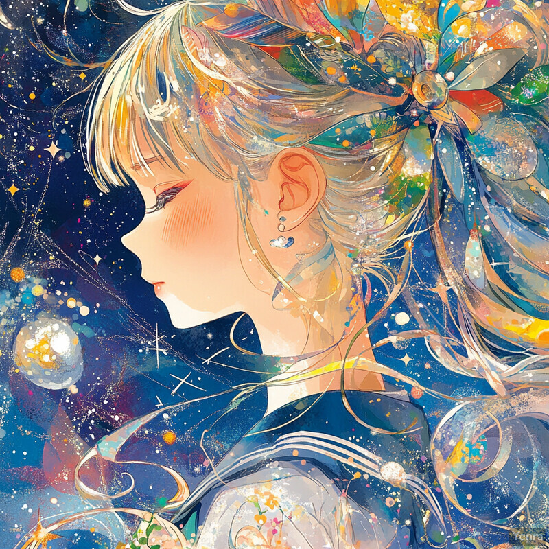 A young girl with long blonde hair in a ponytail, surrounded by a blue sky filled with stars and planets.