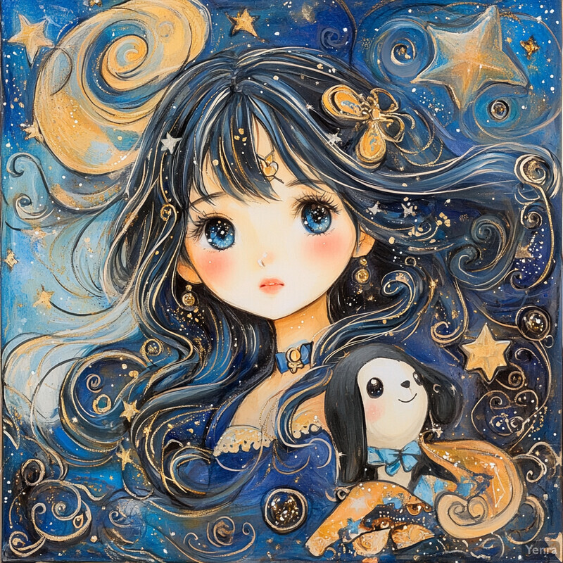 A whimsical illustration of a young girl surrounded by celestial elements