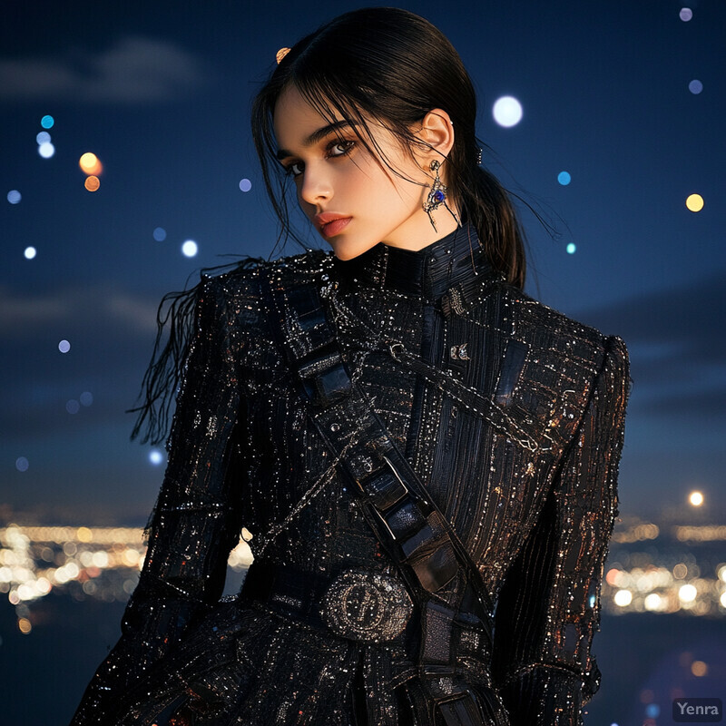 A woman stands confidently in front of a city skyline at night, exuding elegance and sophistication.