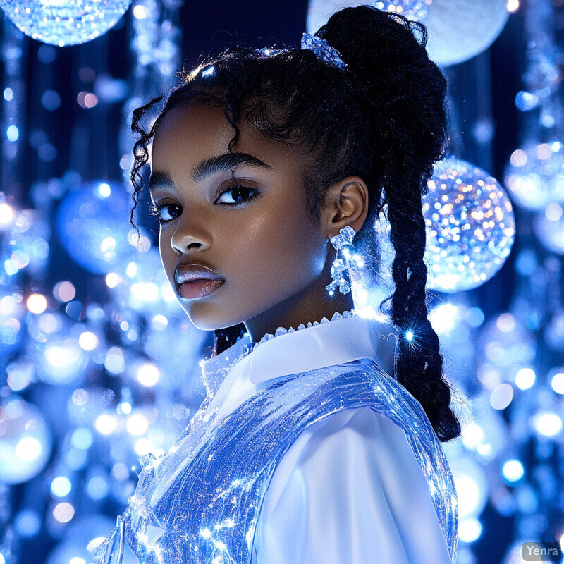 A young girl with dark skin and curly hair styled in braids poses confidently in front of a blurred background, wearing a white collared shirt with blue accents and dangling diamond earrings.