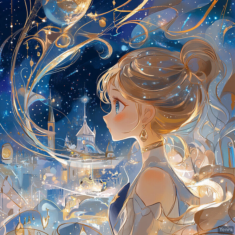 A young woman gazes upwards at an ethereal night sky